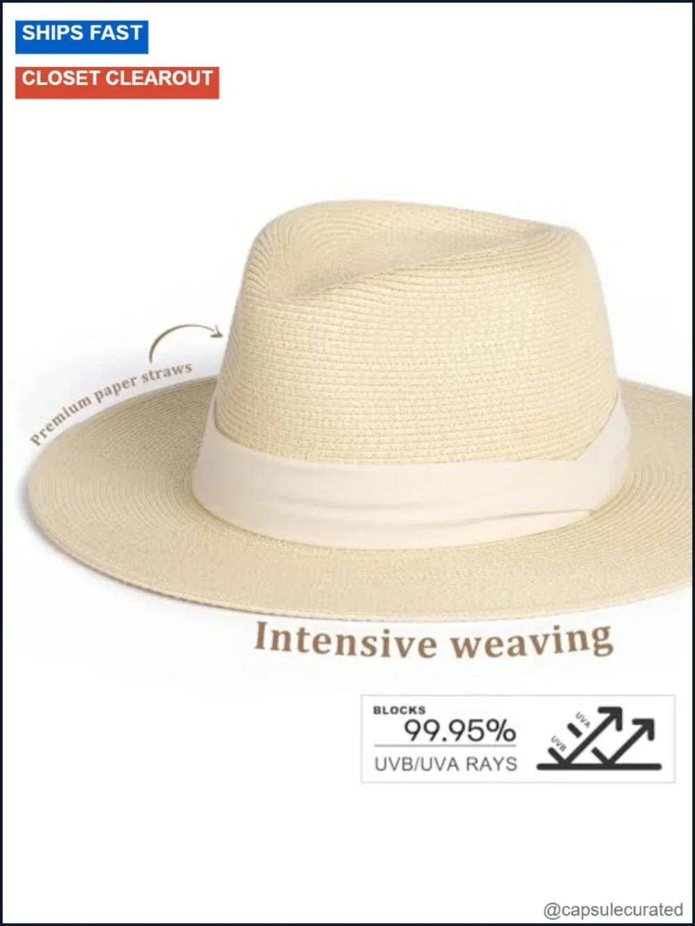 Wide Brim Straw Fedora Hat UPF Protection Adjustable Chin Strap